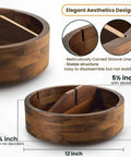 Premium 12 Inch Acacia Wood Lazy Susan Rotating Tray With Four Removable Dividers High Rim Kitchen Spice Rack Snack Divider Smooth Turn Total Game Changer Tabletop Display showing detailed grooves and dividers.