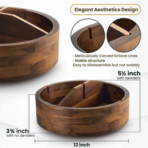 Premium 12 Inch Acacia Wood Lazy Susan Rotating Tray With Four Removable Dividers High Rim Kitchen Spice Rack Snack Divider Smooth Turn Total Game Changer Tabletop Display showing detailed grooves and dividers.