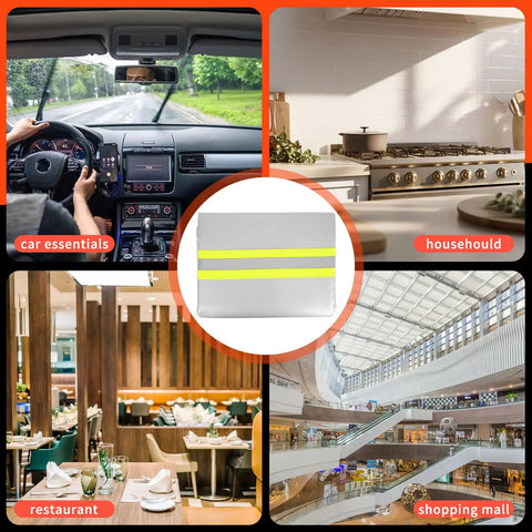 Collage showing a kitchen, car interior, restaurant, and shopping mall with a fireproof hooded cloak in the center.