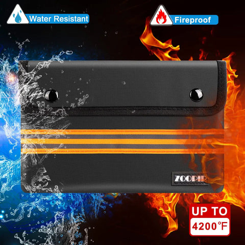 Two Pack Fireproof And Waterproof Money Pouches With Metal Shield Black 10 By 6 Inches, showing fire and water resistance.