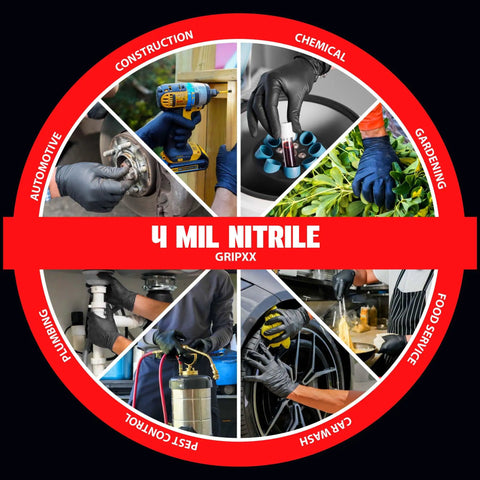 Various uses of Super Strong Black Nitrile Gloves 1000 Count Large Disposable Latex Free Powder Free 4 Mil in automotive, plumbing, and food service.