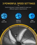 Heavy Duty 24 Inch Metal Drum Fan With 3 Speeds showing speed settings of 6000, 7200, and 8600 CFM on a black background