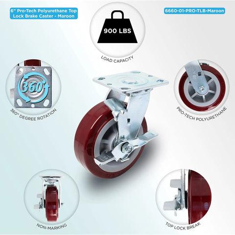 Heavy Duty Industrial Casters 6 Inch By 2 Inch With Top Plate 4 By 4.5 Maroon Two Rigid And Two Swivel Casters With Top Lock Brakes Non Marking Pro Tech Polyurethane Wheels Load Capacity 3600 Lbs Per Set Of Four, front view with detailed features.