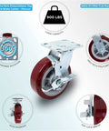 Built Tough Shop Grade Industrial Caster Wheels With Non Marking Polyurethane Tires Top Lock Brake Reinforced Extra Strong Steel Mount Plates close-up view.