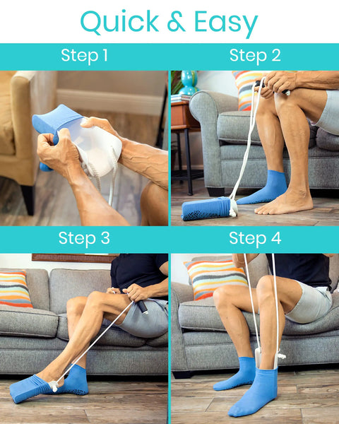 Sock Aid For Easy On And Off With Comfort Foam Grip For Seniors And Limited Mobility Stocking Slider For Hosiery Donning And No Sweat Recovery For Everyday Dressing And Comfortable Self Donning Of Socks, 4-step use