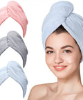 Woman wearing blue Go To Rapid Dry Microfiber Hair Towel Wraps For Women Three Pack Turban Style Quick Dry Towels for curly and long hair