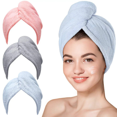 Woman wearing blue Go To Rapid Dry Microfiber Hair Towel Wraps For Women Three Pack Turban Style Quick Dry Towels for curly and long hair