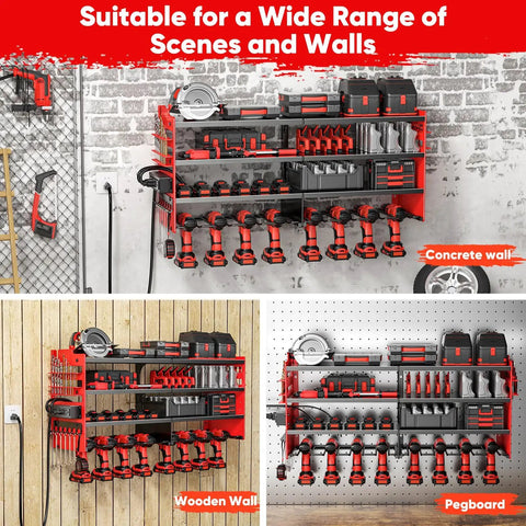 Beefy Power Tool Organizer Wall Mount With Charging Station Four Layer Heavy Duty Metal Shelf Holds 600lbs Battery Rack With Four Outlet Power Strip And Cordless Drill Holders for garage and workshop displayed on different wall types.