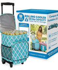 Ultra Compact Insulated Cooler Cart With Moroccan Tile Soft Sided Tote, foldable design with wheels and telescoping handle.