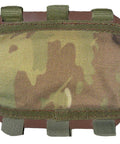 Camouflage RailRest Mini Cheek Pad for thin rail rifles with collapsible stocks, adjustable height, internal foam pouch, and non-slip rubber bottom.