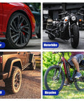 Four images of different vehicles: a red car, a motorbike, an off-road vehicle, and a bicycle, suitable for Tire Repair Patch Kit With 24 Patch Plugs, Patch Roller, Buffing Wheel, 4 Mm Twist Drill Bits And Hex Shank Bits For Vehicle, Cars And Trucks, Ultimate DIY Car Emergency Fix