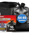 64-65 Gallon Black Trash Bags, 13 Count, Extra Large All Purpose Outdoor Trash Can Liners next to trash can and packaging