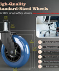 Premium Rubber Office Chair Wheels Replacement Set Of 5 Universal Fit For Gaming And Desk Chairs Plug And Play Install floor saver blue caster wheel with measurements.