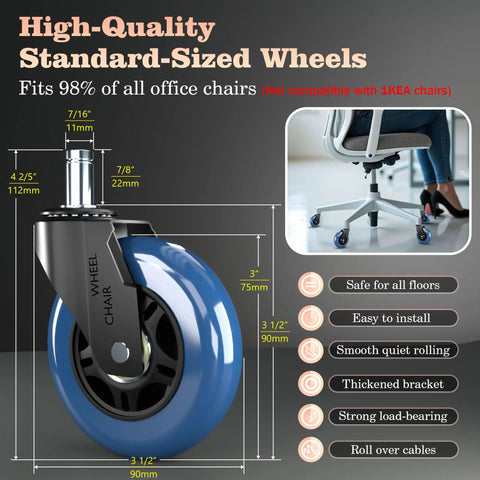 Premium Rubber Office Chair Wheels Replacement Set Of 5 Universal Fit For Gaming And Desk Chairs Plug And Play Install floor saver blue caster wheel with measurements.