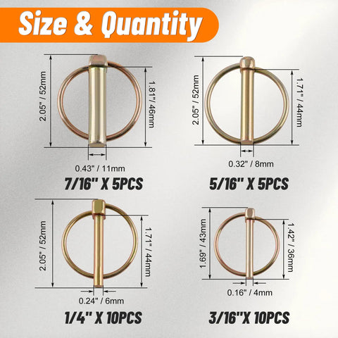 Heavy Duty Lynch Pin Kit 30 Pack For Trucks Trailers Tractors Mowers And 3 Point Hitches showing size and quantity of pins