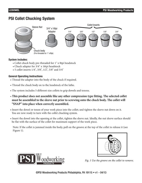 Diagram and parts list for LCDOWEL Dowel Collet Chuck System for precision gripping in woodturning projects.
