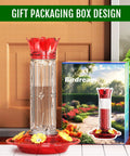 Outdoor Hummingbird Feeders Set Of 2 20 Ounce Plastic Feeders With Five Flower Shaped Ports Cleaning Brush Leak Proof Design on display with packaging.