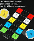60 Lab Grade Prepared Microscope Slides With Animal Plant Microbe Tissue Specimens For Homeschool And Classroom STEM Biology Kit Hands On Science Education For Kids shown with labeled slides for easy use.