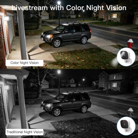 Comparison of color night vision and traditional night vision using Two Pack 2.5K Indoor Outdoor Security Cams With Color Night Vision