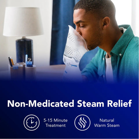 Man using Plug In Non Medicated Steam Inhaler For Sinus Relief And Congestion, Soothe Nasal And Throat Passages, Allergy And Cold Relief