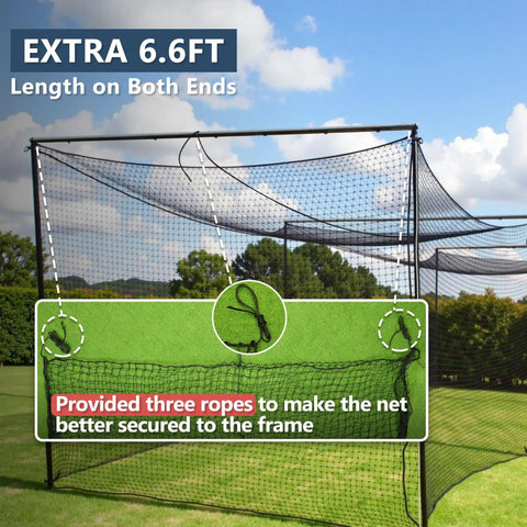 Batting Cage Net Only 55 Ft Long By 35 Ft Wide By 20 Ft High Fully Enclosed Baseball And Softball Cage Netting shown with ropes