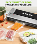 Vacuum Sealer Bags 11 Inch By 50 Foot Rolls 2 Pack For Food Storage BPA Free Commercial Grade Textured Roll Bags Ideal For Sous Vide Cooking Keeps Food Fresh Longer And Preserves Flavor shown sealing assorted foods.