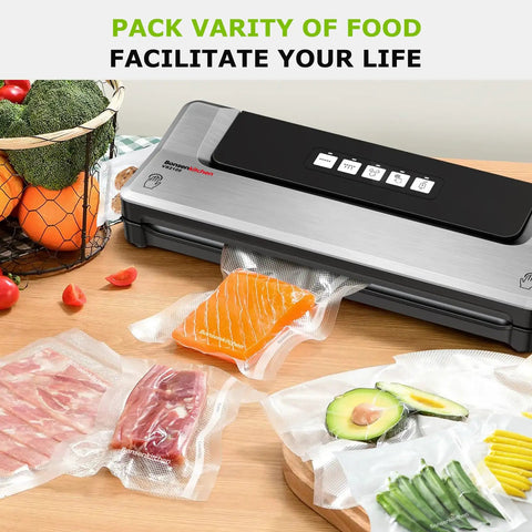 Vacuum Sealer Bags 11 Inch By 50 Foot Rolls 2 Pack For Food Storage BPA Free Commercial Grade Textured Roll Bags Ideal For Sous Vide Cooking Keeps Food Fresh Longer And Preserves Flavor shown sealing assorted foods.