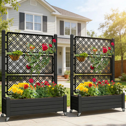 Outdoor Planter Boxes With Trellis Two Pack Resin Raised Garden Beds On Wheels With Drain Plugs For Climbing Plants in garden