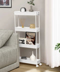Slim 4 Tier Storage Cart With Rolling Wheels And Narrow Profile For Tight Gaps Between Furniture And Appliances in a living room corner