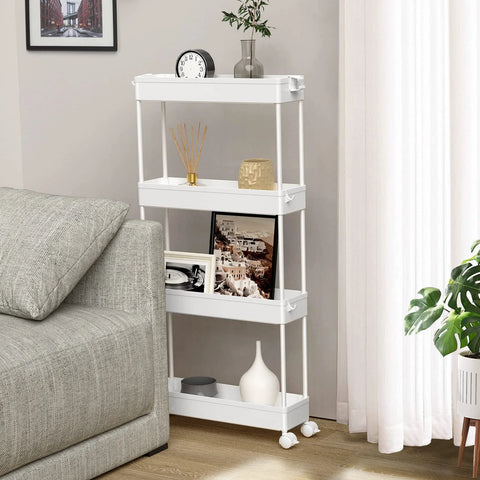 Slim 4 Tier Storage Cart With Rolling Wheels And Narrow Profile For Tight Gaps Between Furniture And Appliances in a living room corner