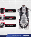 Worksite Ready 5 Point Full Body Fall Protection Harness Kit With 6 Ft Dual Lanyards, front view on mannequin showing padded shoulders