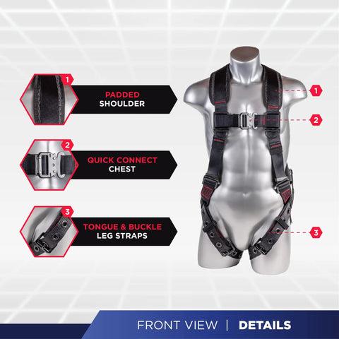Worksite Ready 5 Point Full Body Fall Protection Harness Kit With 6 Ft Dual Lanyards, front view on mannequin showing padded shoulders