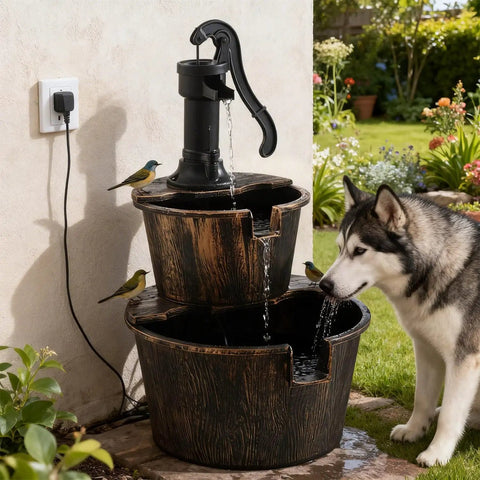 Three Tier Rustic Barrel Waterfall Fountain With Recirculating Pump For Outdoor Garden Patio Backyard And Porch 40 Inch Wooden Water Feature