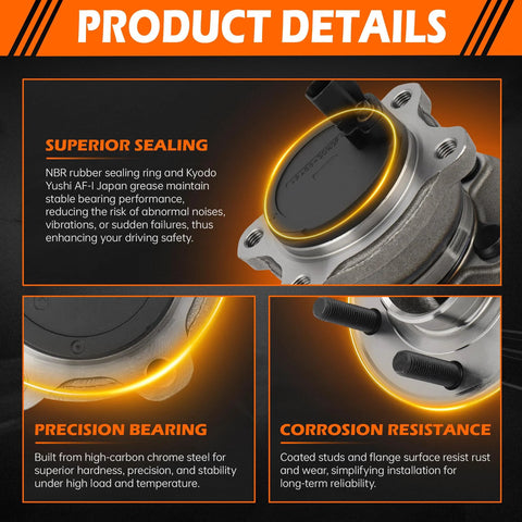 Rear Wheel Hub Bearing Assembly With ABS For Ford Focus 2012 2013 2014 2015 2016 2017 2018 5 Lug Left Or Right Ride Ready Rear Replacement For Part Numbers 512466 VKBA6789 BV612C299AAC with details on sealing, precision, and corrosion resistance features.