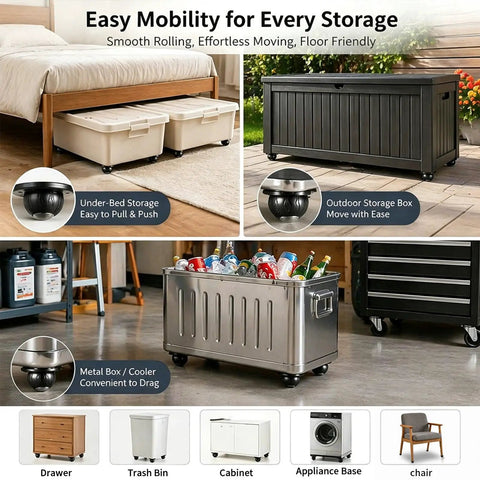 Self Sticking Furniture Caster Wheels Four Pack With Secure Grip Adhesive Pads integrated on various storage boxes for easy mobility.