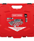 Red blow mold case with 105 Piece Mechanics Tool Set With SAE And Metric Sockets, One Quarter Inch And Three Eighth Inch Drive