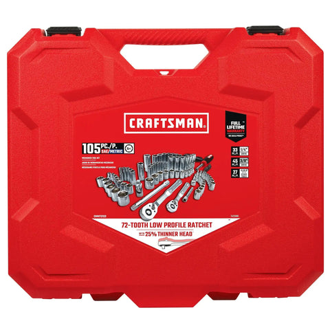 Red blow mold case with 105 Piece Mechanics Tool Set With SAE And Metric Sockets, One Quarter Inch And Three Eighth Inch Drive
