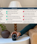 Person holding 2K QHD Security Camera for Indoor and Outdoor Use For Home Security with comparison chart of wired vs wireless features