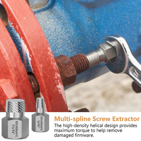 49 Piece Screw And Bolt Extractor Tool Set With Left Hand Drill Bits And Nut Removers For Damaged Stripped Bolts And Screws Multi Spline And Spiral Extractors For Nuts Studs And Fittings Go To Gear, showing multi-spline screw extractor in use on rusted bolt.
