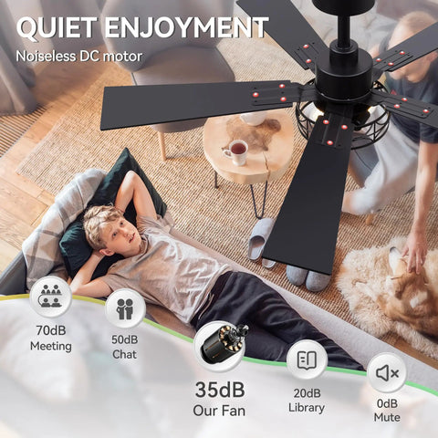 Breezary 52" Farmhouse Ceiling Fans with Lights and Remote in Matte Black, caged fandelier with quiet DC motor above a living room scene.