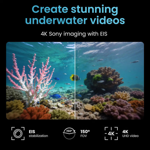 Underwater Drone With Pro Grade 4K Video And 12MP Photos, EIS Stabilization, live coral reef comparison image.