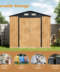 Heavy Duty Steel Garden Shed With Lockable Door And Clear Window, Rust Resistant Metal Tool Storage For Backyard Patio Or Lawn, Built To Last With Anti Corrosion Frame, Weather Ready And Security Focused To Keep Your Gear Safe shown in versatile setup outdoors