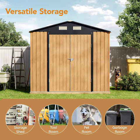 Heavy Duty Steel Garden Shed With Lockable Door And Clear Window, Rust Resistant Metal Tool Storage For Backyard Patio Or Lawn, Built To Last With Anti Corrosion Frame, Weather Ready And Security Focused To Keep Your Gear Safe shown in versatile setup outdoors