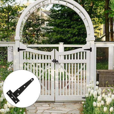 4 Pack 5 Inch T Strap Hinges Heavy Duty Black Outdoor Tee Hinge For Gates And Doors, Weatherproof Corrosion Resistant Iron Construction, Easy Install, Durable Outdoor Hardware Kit For Long Lasting Use on white garden gate