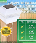 Solar Post Cap Lights For 4x4 Posts White Pack Of 8, featuring two flush mount adapters for multiple post sizes, on wood post.