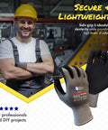 Graphene Cut Resistant Work Gloves ANSI A1 Lightweight Breathable Grip For Gardening, DIY, displayed near a smiling worker