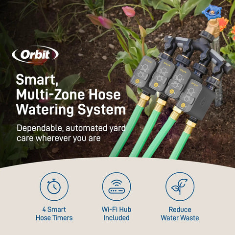 Gen 2 Smart Hose Watering Timer With Wi Fi Hub Four Pack Includes Hose Y Splitter Easy Setup And Precise Scheduling For Auto Garden Watering Hands Free Plant Care Weatherproof Outdoor Controller multiple zone setup.
