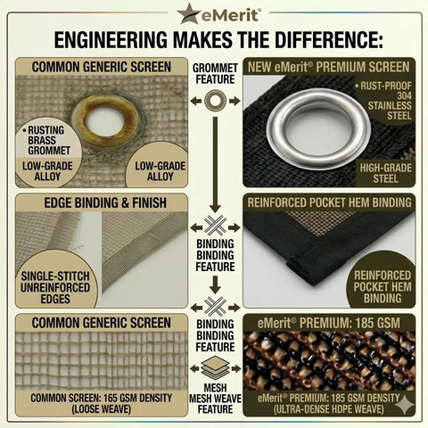 Comparison of eMerit premium sun shade cloth with rust-proof stainless grommets, reinforced edges, and 185 GSM weave.