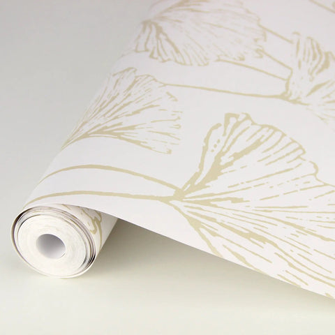 Reverie Gold Ginkgo Wallpaper With Metallic Accents On White Background Strippable Nonwoven Unpasted Washable Botanical Leaf Design 20.9 Inch