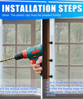 Installation steps for 30 Piece Window Screen Clips For Home Repair with a drill and screen frame.